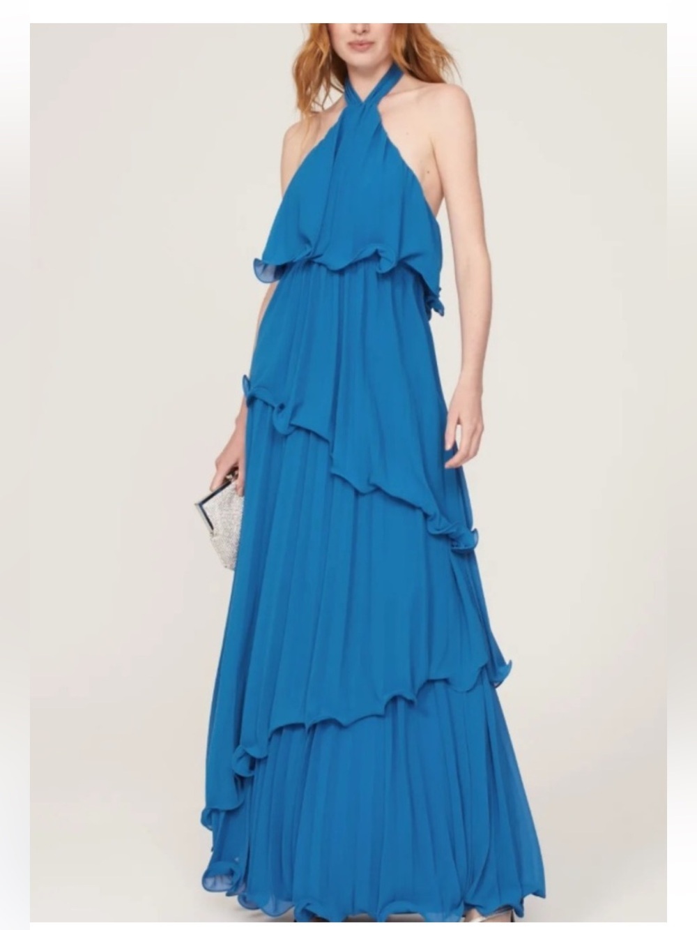 One33 Social Gown Asymmetrical Halter Tiered Maxi Dress Blue Size 0
